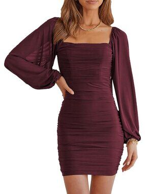 Women's Summer Long Sleeve Bodycon Wine Red Lantern Sleeve Cocktail Mini Dress